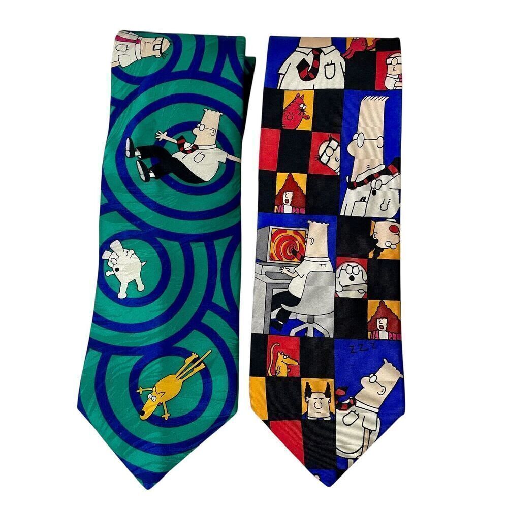 Dilbert Softwear 100% Silk Novelty Neckties Set Of 2 Made In USA Cartoon…